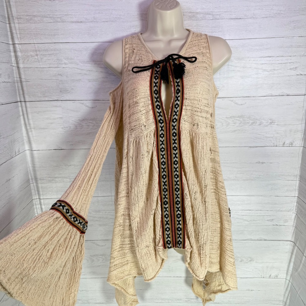 Free People Boho Prairie Tunic Cream Cold Shoulder Flare Sleeve xs cottage - Picture 3 of 11